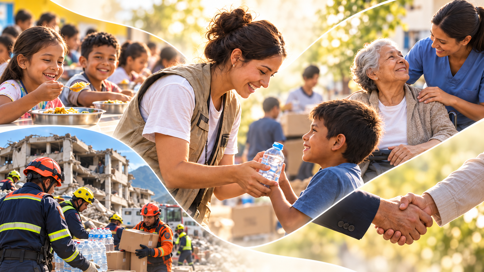 Volunteer handing a bottle of water to a child, community kitchen, care for an older adult, rescue team and hands joining together