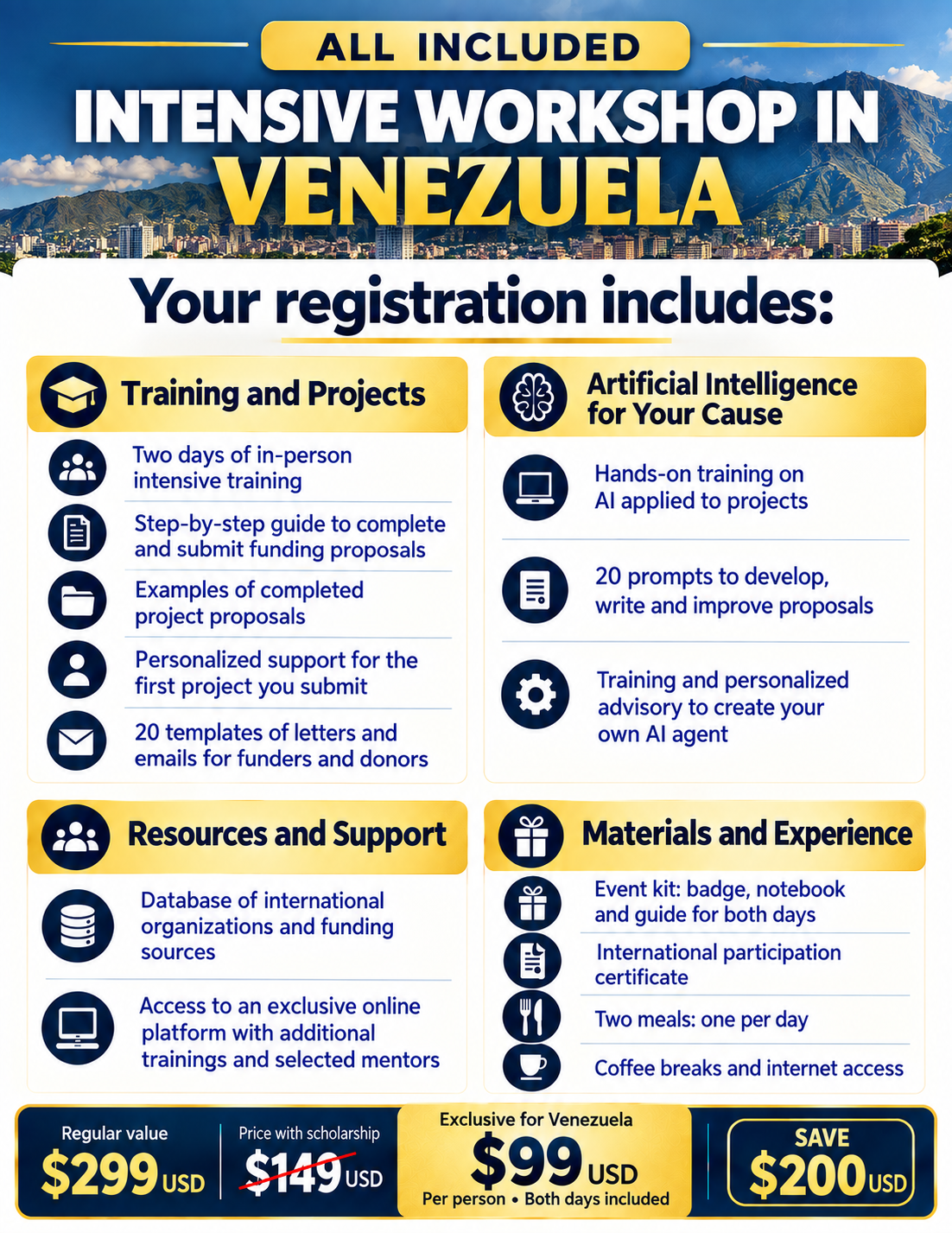 All included — Intensive Workshop in Venezuela: training and projects, superintelligence for your cause, resources and guidance, materials and experience. Regular value $299 US, exclusive price for Venezuela $99 US per person, both days included. Save $200 US.